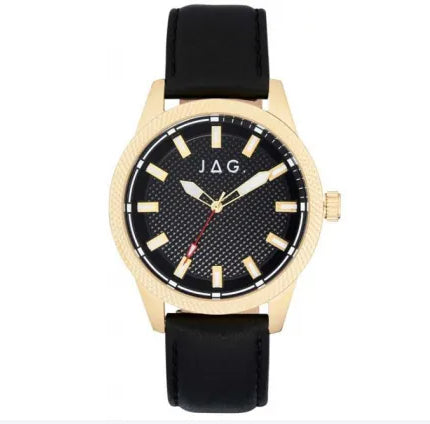Men's Gold Plated Stainless Steel JAG Watch With Black Dial And Black Leather Strap