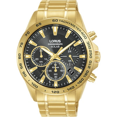 Mens Gold Plated Black Dial Lorus Solar Chronograph Watch With Date.