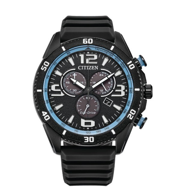 Men's Black Plated Stainless Steel Citizen Eco-Drive Solar Powered Chronograph With Date