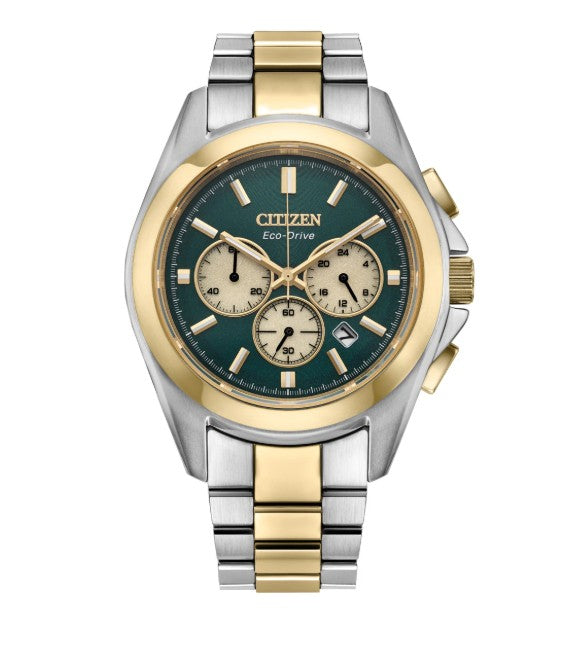 Men's 100m Water Resistant 2 Tone Stainless Steel Citizen Eco Drive Chronograph