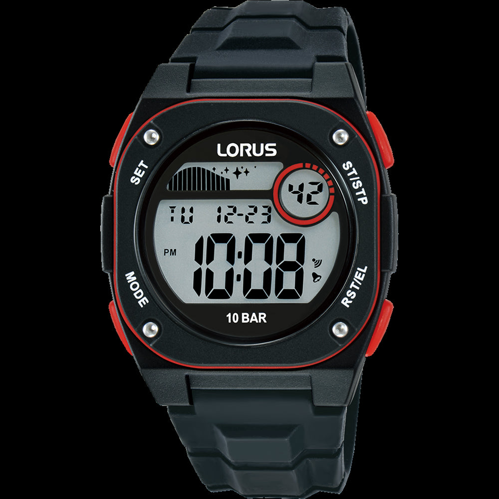 Mens Black Lorus Digital Watch With Date, Alarm, Stopwatch, Countdown Timer