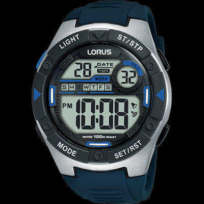Mens Blue And Silver Plastic Case Lorus Digital Watch With Alarm, Stopwatch And Perpetual Calendar