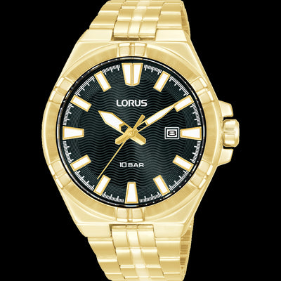 Mens Gold Plated 100M Stainless Steel Black Dial Lorus Watch With Date