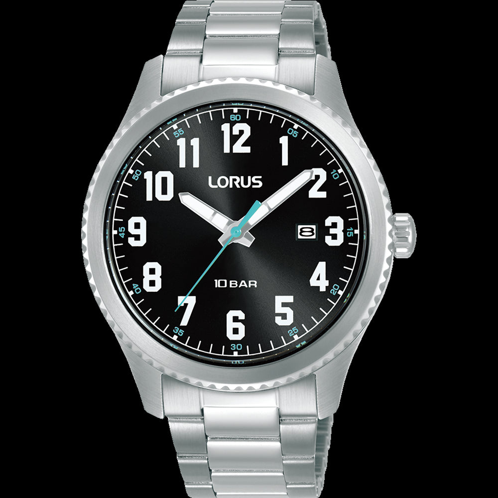 Mens 100m Stainless Steel Black Dial Lorus Watch With Full Figure Dial And Date