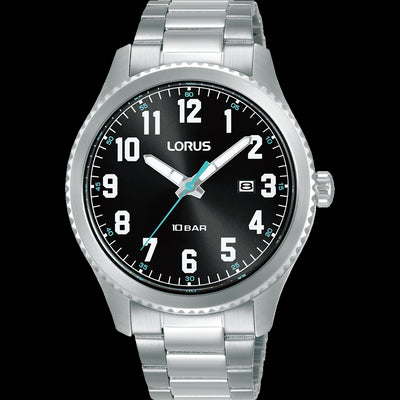 Mens 100m Stainless Steel Black Dial Lorus Watch With Full Figure Dial And Date