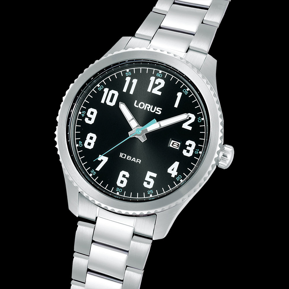 Mens 100m Stainless Steel Black Dial Lorus Watch With Full Figure Dial And Date