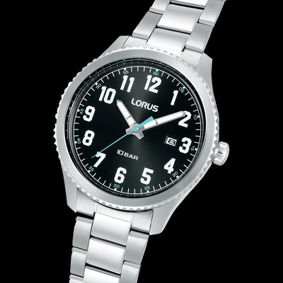 Mens 100m Stainless Steel Black Dial Lorus Watch With Full Figure Dial And Date