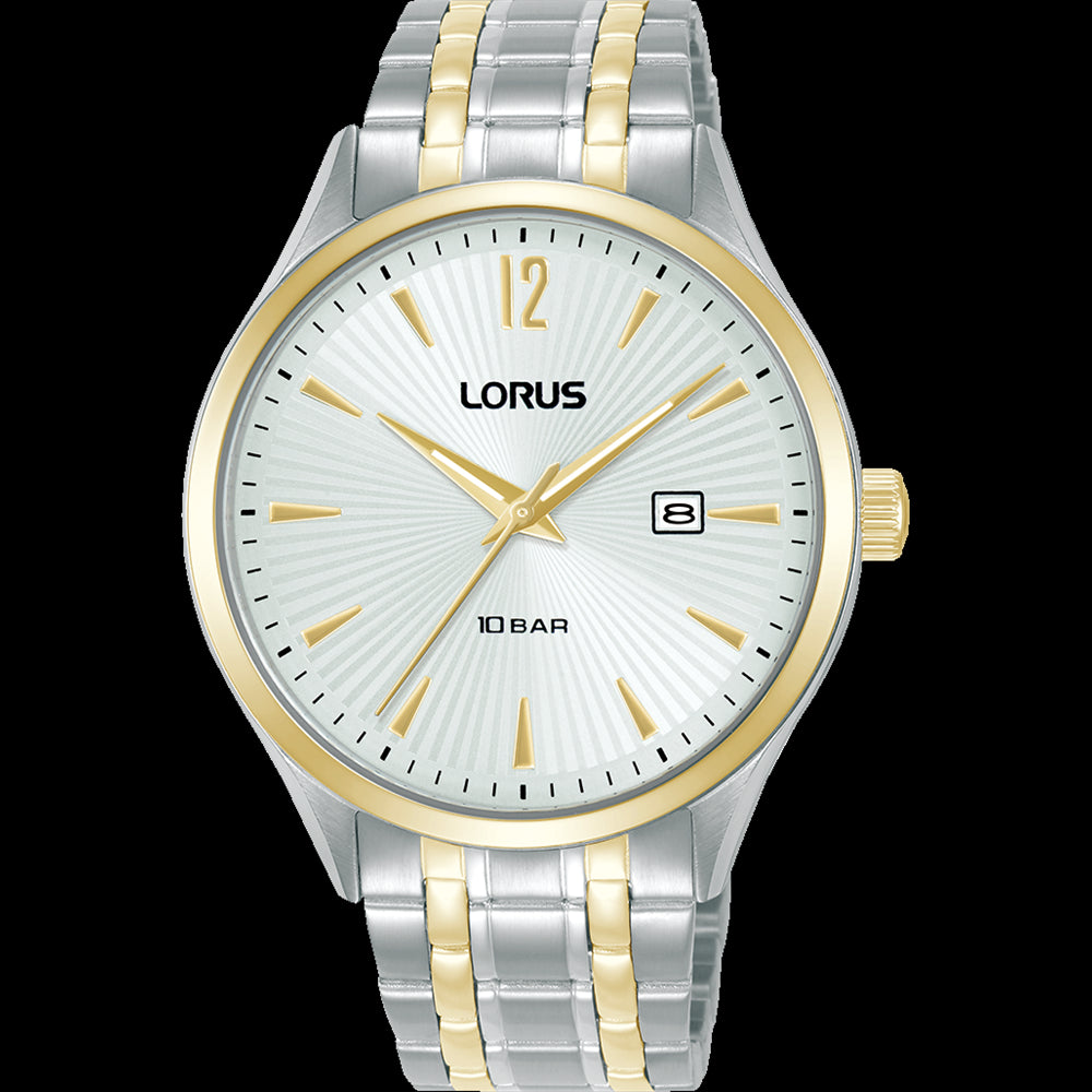 Mens 2 Tone 100m Stainless Steel White Sunburst Dial Lorus Watch With Date