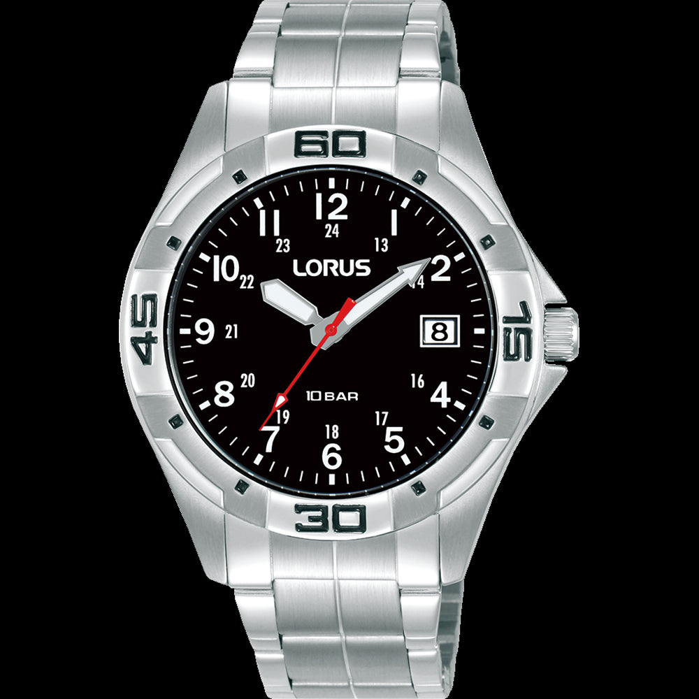 Mens 100m Stainless Steel Black Dial Lorus Watch With Date