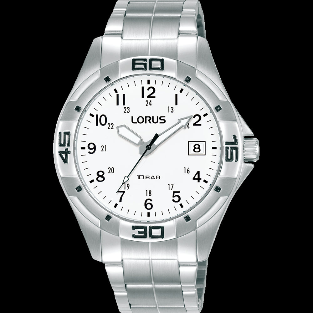 Mens 100m Stainless Steel White Full Figure Dial Lorus Watch With Date