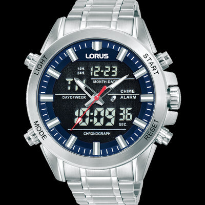 Mens 100m stainless steel blackand blue dial lorus duo watch