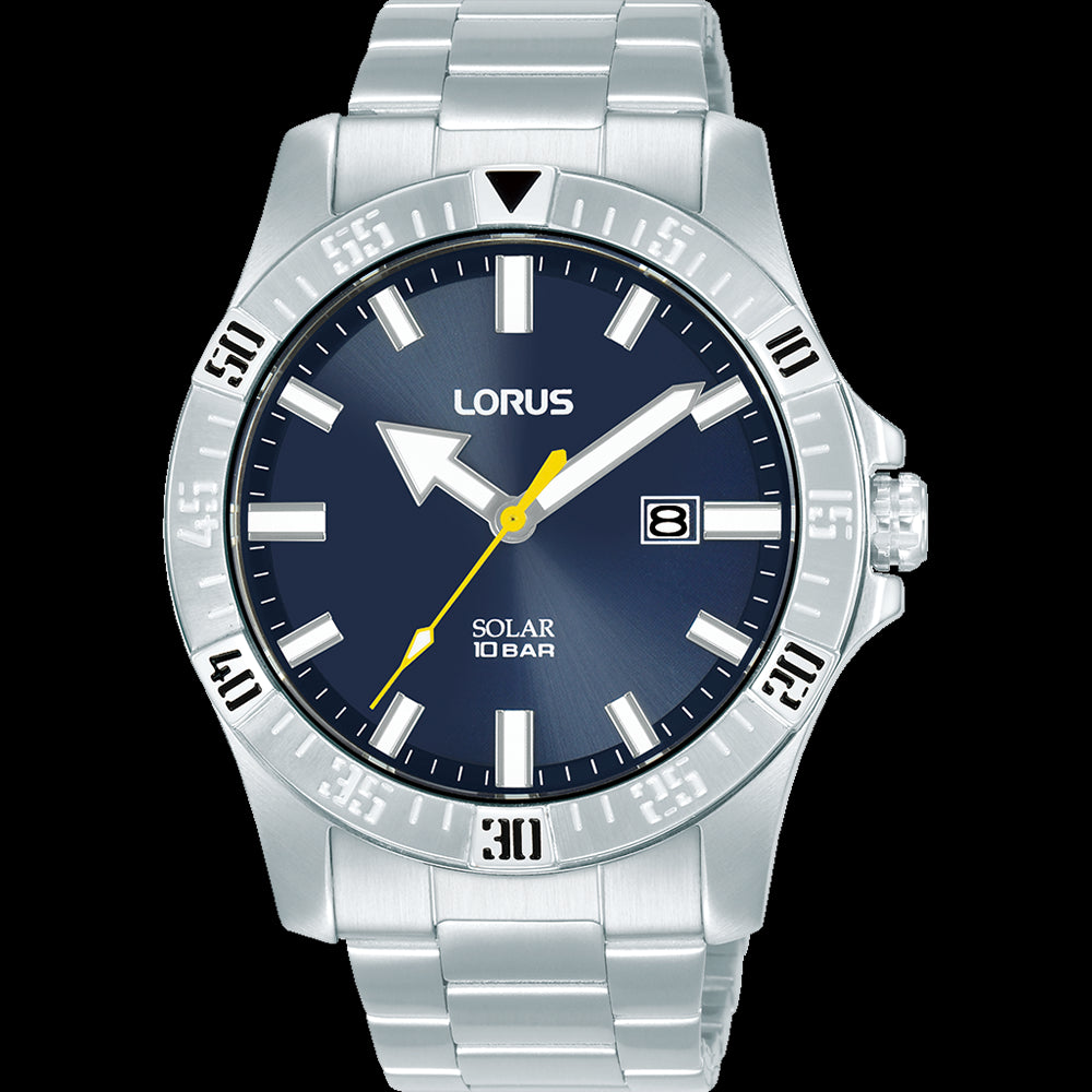 Mens Solar Powered 100m Stainless Steel Blue Dial Lorus Watch With Date
