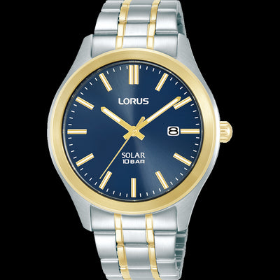 Mens Solar Powered 2 Tone100m Stainless Steel Blue Dial Lorus Watch With Date