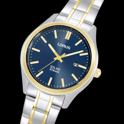 Mens Solar Powered 2 Tone100m Stainless Steel Blue Dial Lorus Watch With Date