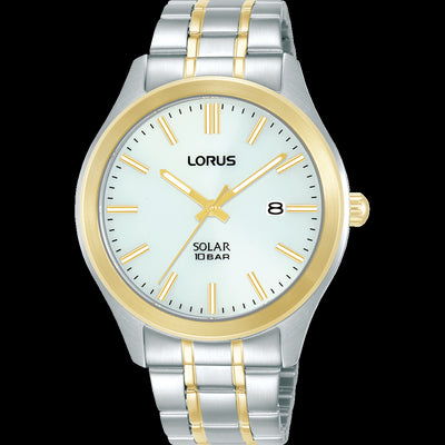 Mens Solar Powered 2 Tone100m Stainless Steel White Dial Lorus Watch With Date