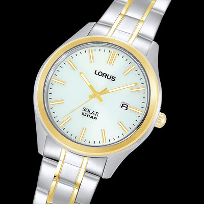 Mens Solar Powered 2 Tone100m Stainless Steel White Dial Lorus Watch With Date