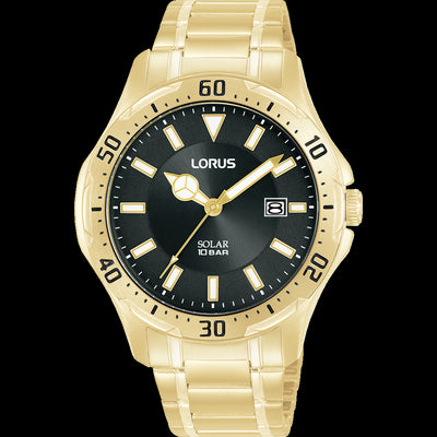Mens Solar Powered Gold Plated Stainless Steel Black Dial Lorus Watch With Date