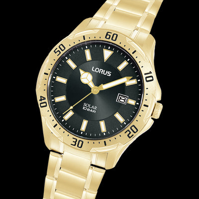 Mens Solar Powered Gold Plated Stainless Steel Black Dial Lorus Watch With Date