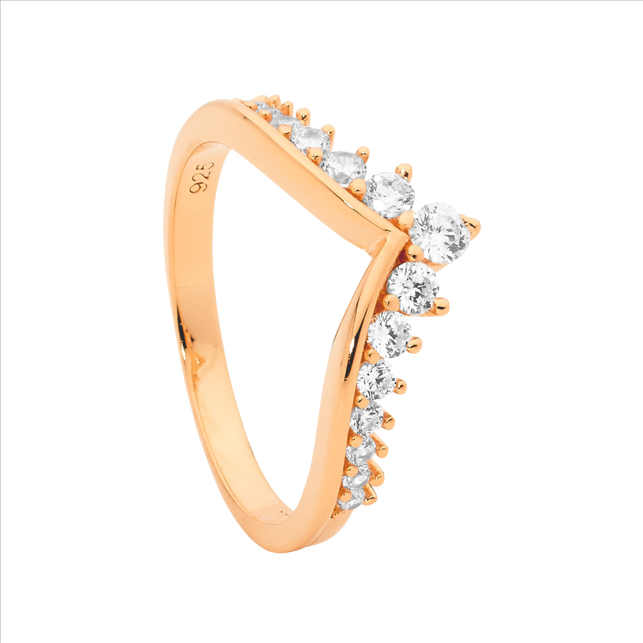 Sterling Silver Rose Gold Plated V Shaped Ring With Graduated White Cubic Zirconia