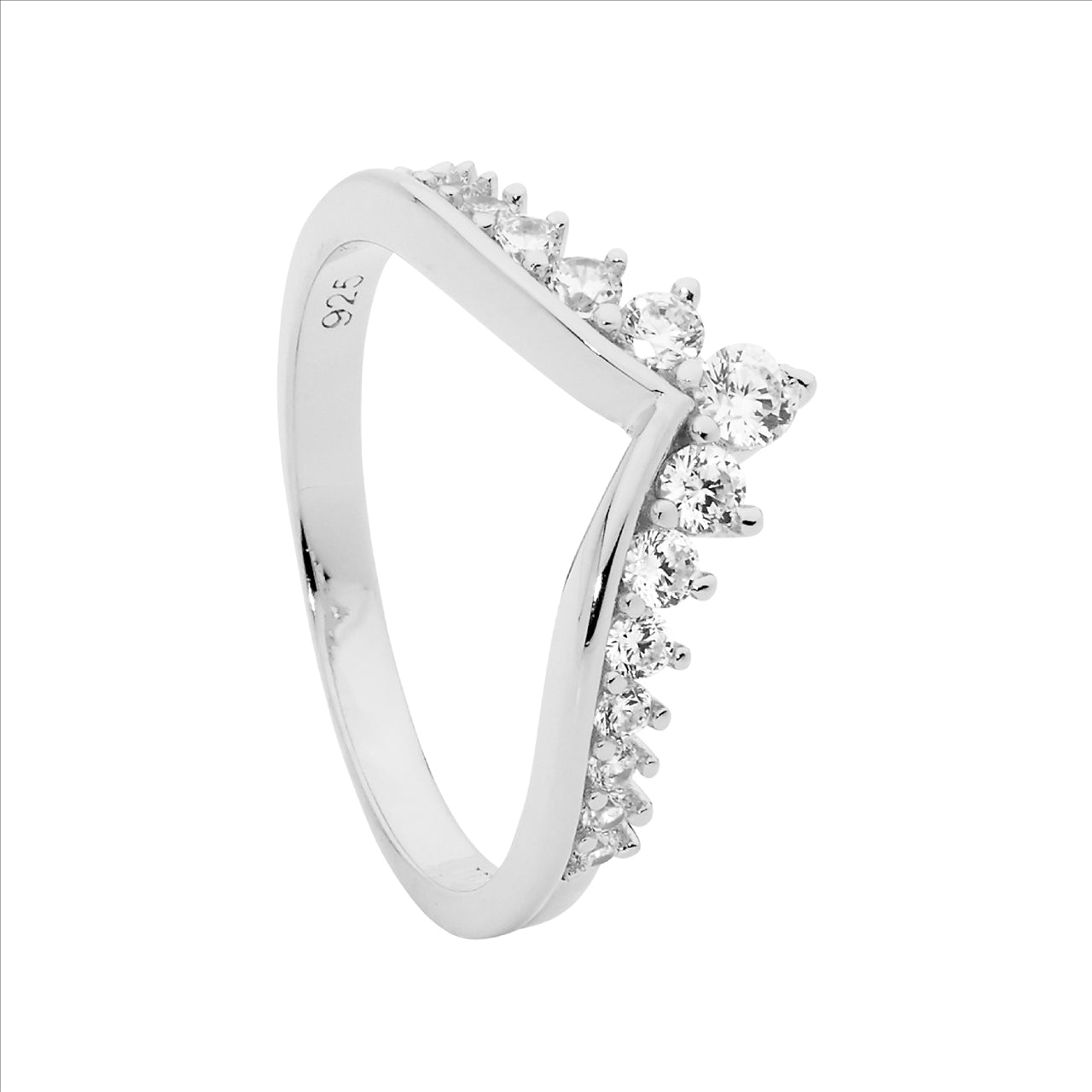 Sterling Silver V Shaped Ring With Graduated White Cubic Zirconia