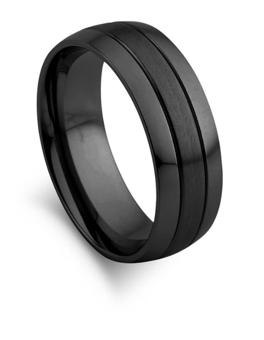 Black Plated Blaze Stainless Steel Men's Matte And Polished Wide Band Ring