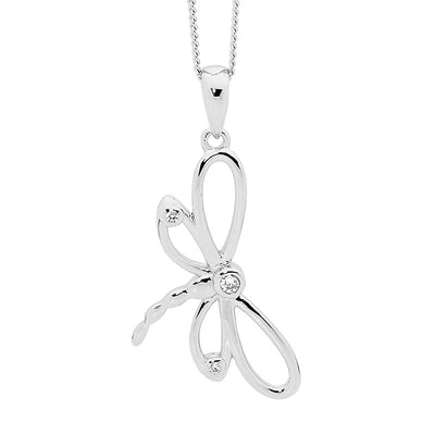 Sterling Silver Dragonfly Pendant With Bezel Set White Cubic Zirconia