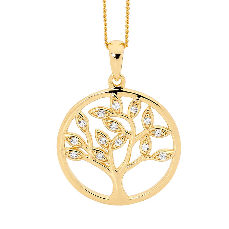 Sterling Silver Gold Plated Tree Of Life Pendant With White Cubic Zirconias