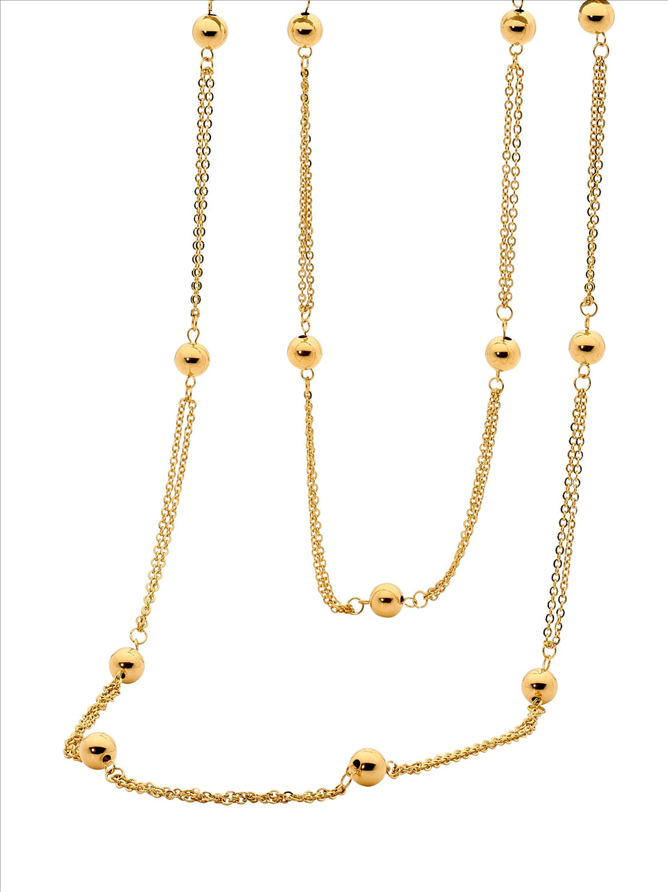 Stainless Steel Double Chain & Ball Necklace With Gold IP Plating