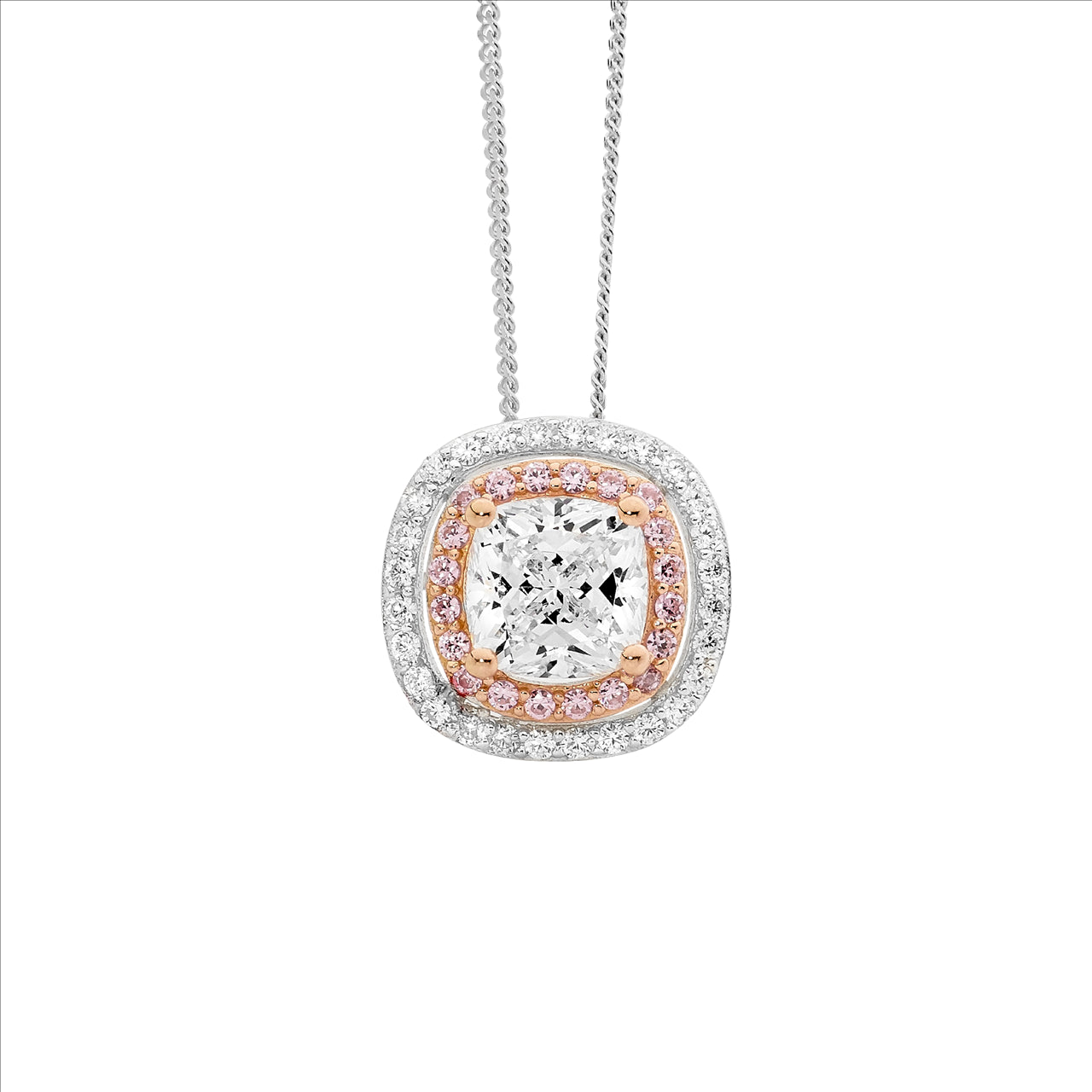 Sterling Silver White & Pink Cubic Zirconia Double Halo Cushion Cut Pendant With Rose Gold Plated Highlights