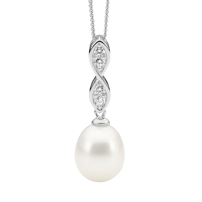 Sterling Silver White Cubic Zirconia And Freshwater Pearl Twist Drop Pendant