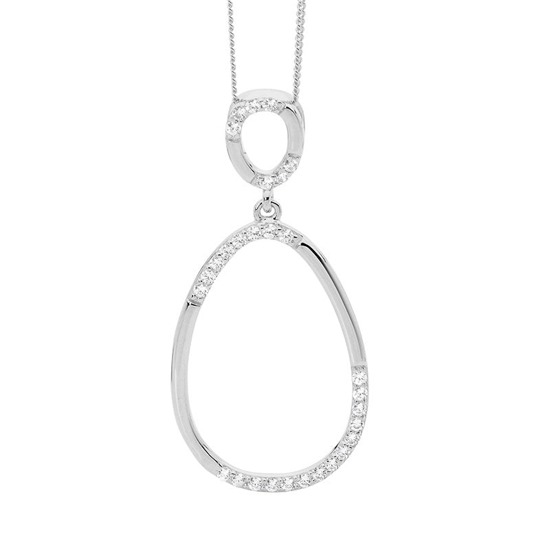 Sterling Silver White CZ 2 x Oval Drop Pendant on Sterling Silver Chain