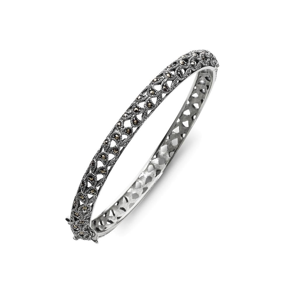 7mm Wide Sterling Silver Marcasite Open Pattern Detail Hinged Bangle