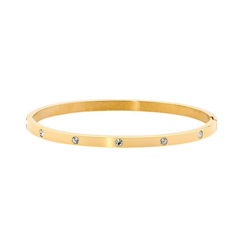 Stainless Steel Gold Ip Plated Hinged 4Mm Wide Bangle With White Cubic Zirconia's