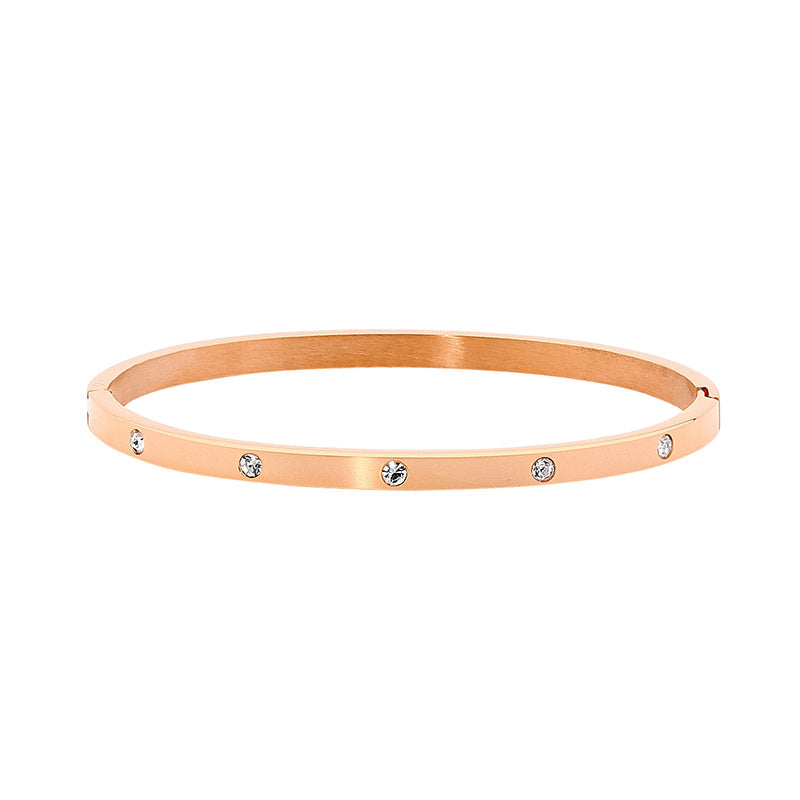 Stainless Steel Rose Gold IP Plated Hinged Bangle Set With White Cubic Zirconia's