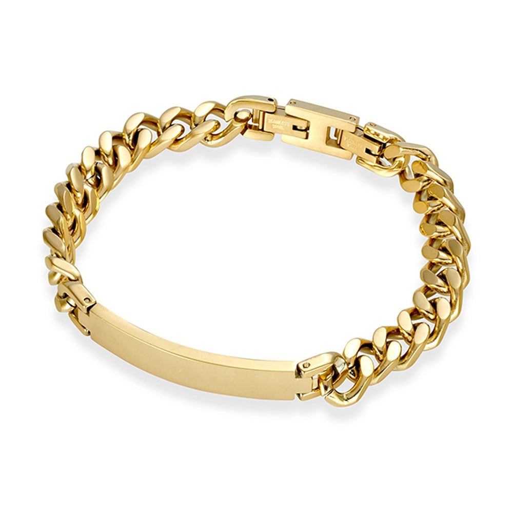 Gold plated blaze stainless steel 8mm curb link id bracelet.