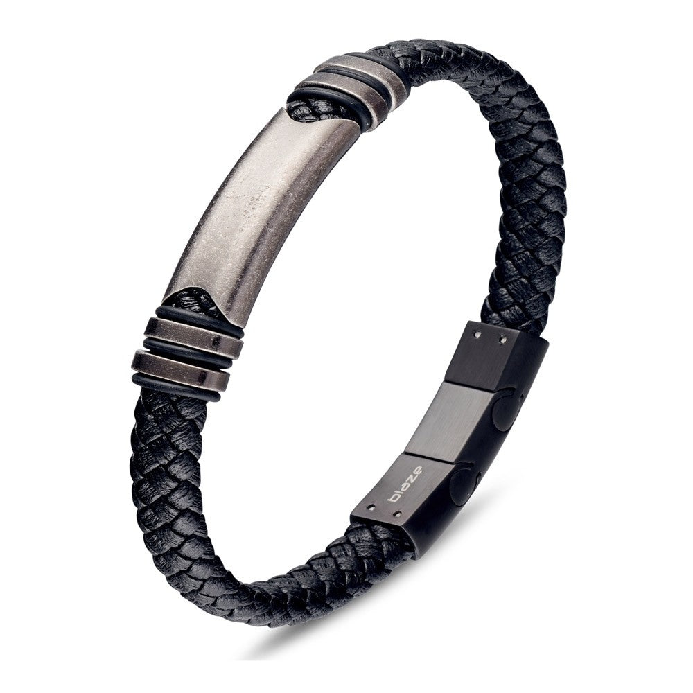 Stainless Steel Men's Black Leather Plaid Bangle With Vintage Steel Bar Detail