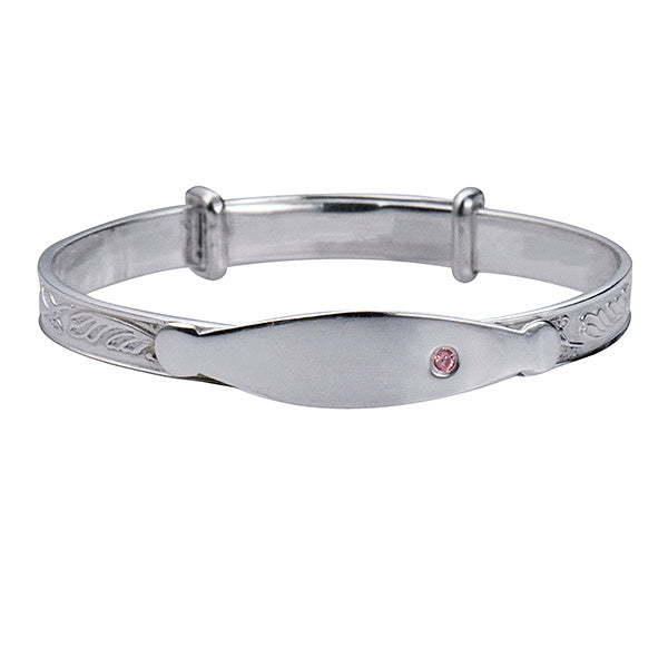 Sterling Silver Child's Engraved Expanding Id Plate Bangle With Pink Cubic Zirconia