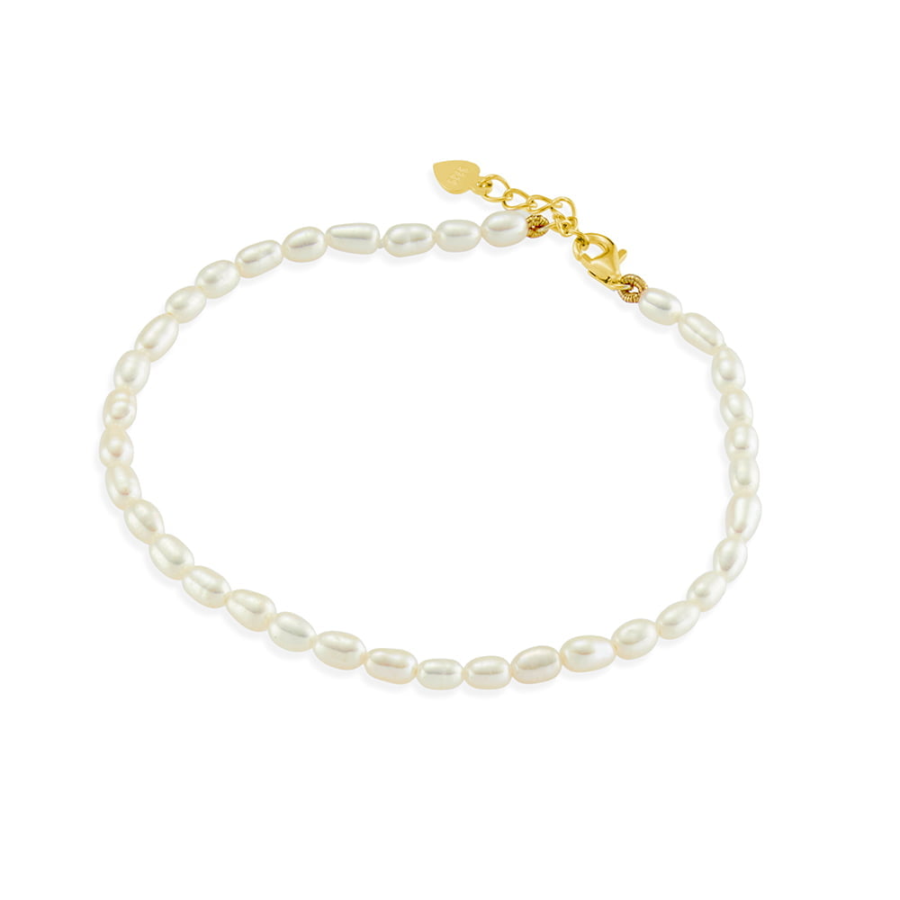 Gold plated freshwater rice pearl bracelet with gold plated sterling silver clasp and extension