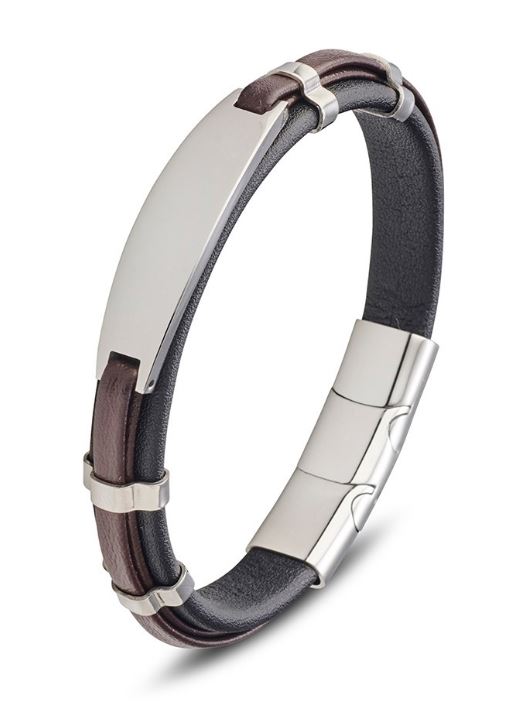 Stainless Steel Leather Bangle Featuring Metal Detail With ID Plate