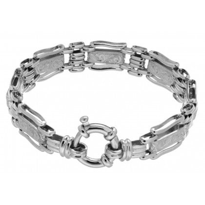 Sterling Silver Engraved Plate 12mm Wide Gate Bracelet With Bolt Ring Clasp