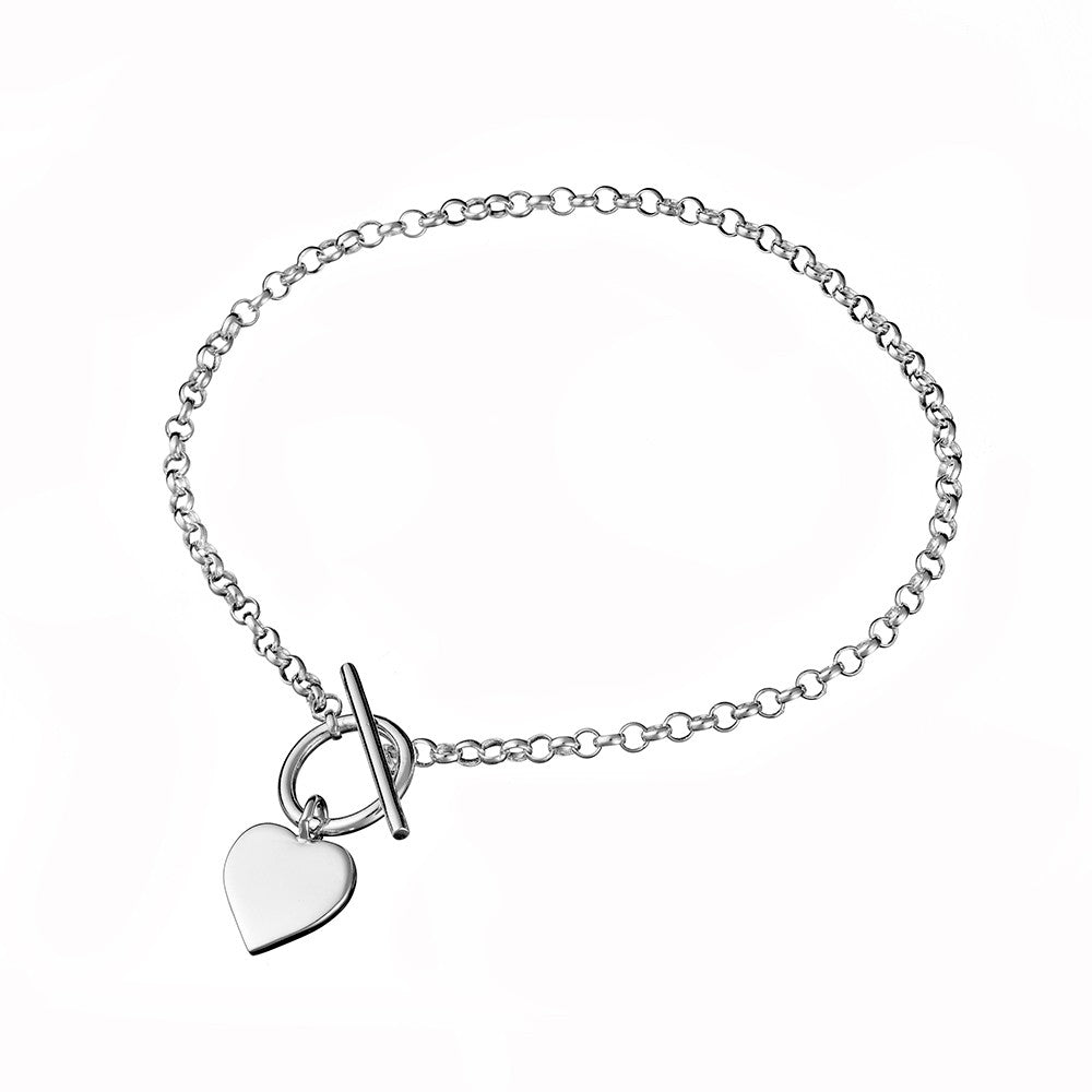 Sterling Silver Fine Belcher T-Bar Bracelet With Heart Charm