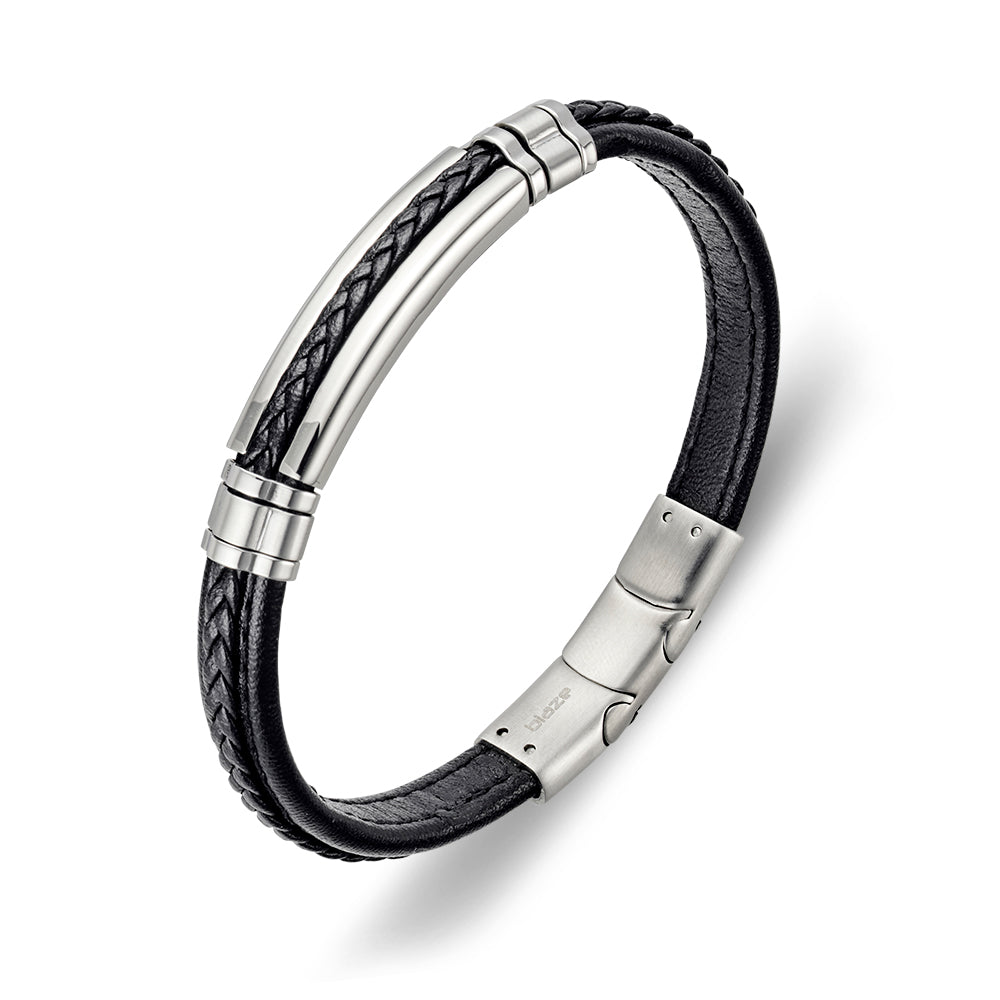 Mens Stainless Steel 8mm Black Leather Bracelet With Steel Detail