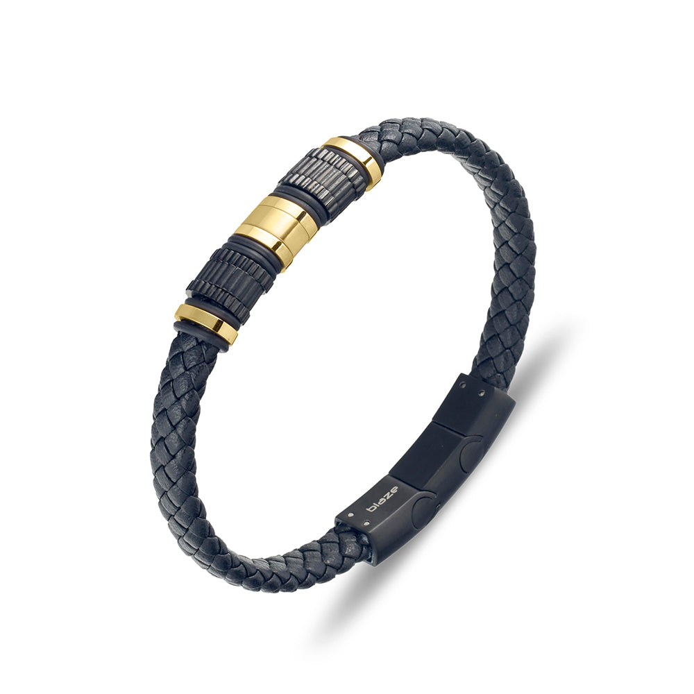 Mens Stainless Steel Men’s Black Leather Bangle With Gold And Black Plated Bead Detail