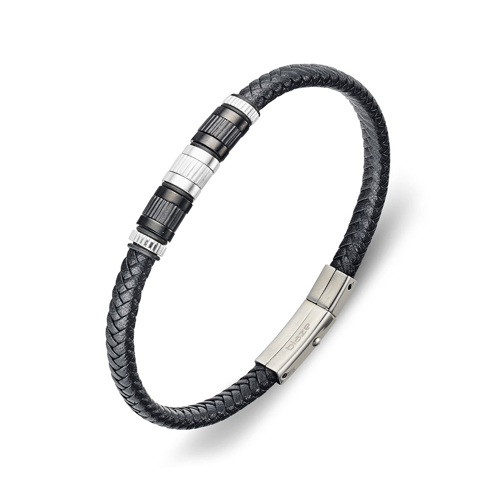 Mens Stainless Steel 6mm Leather Bracelet With Steel Bead Detail