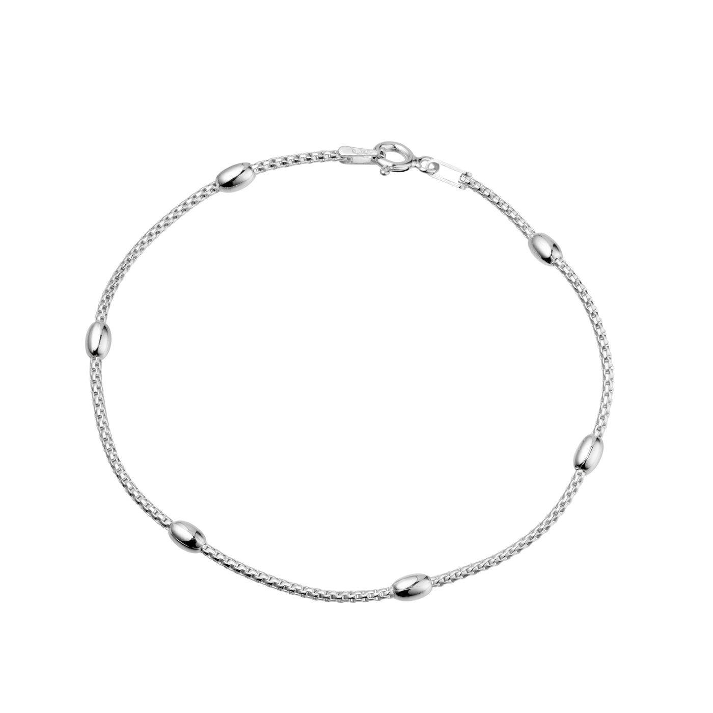 Sterling Silver Round Box Link Bracelet With Oval Beads