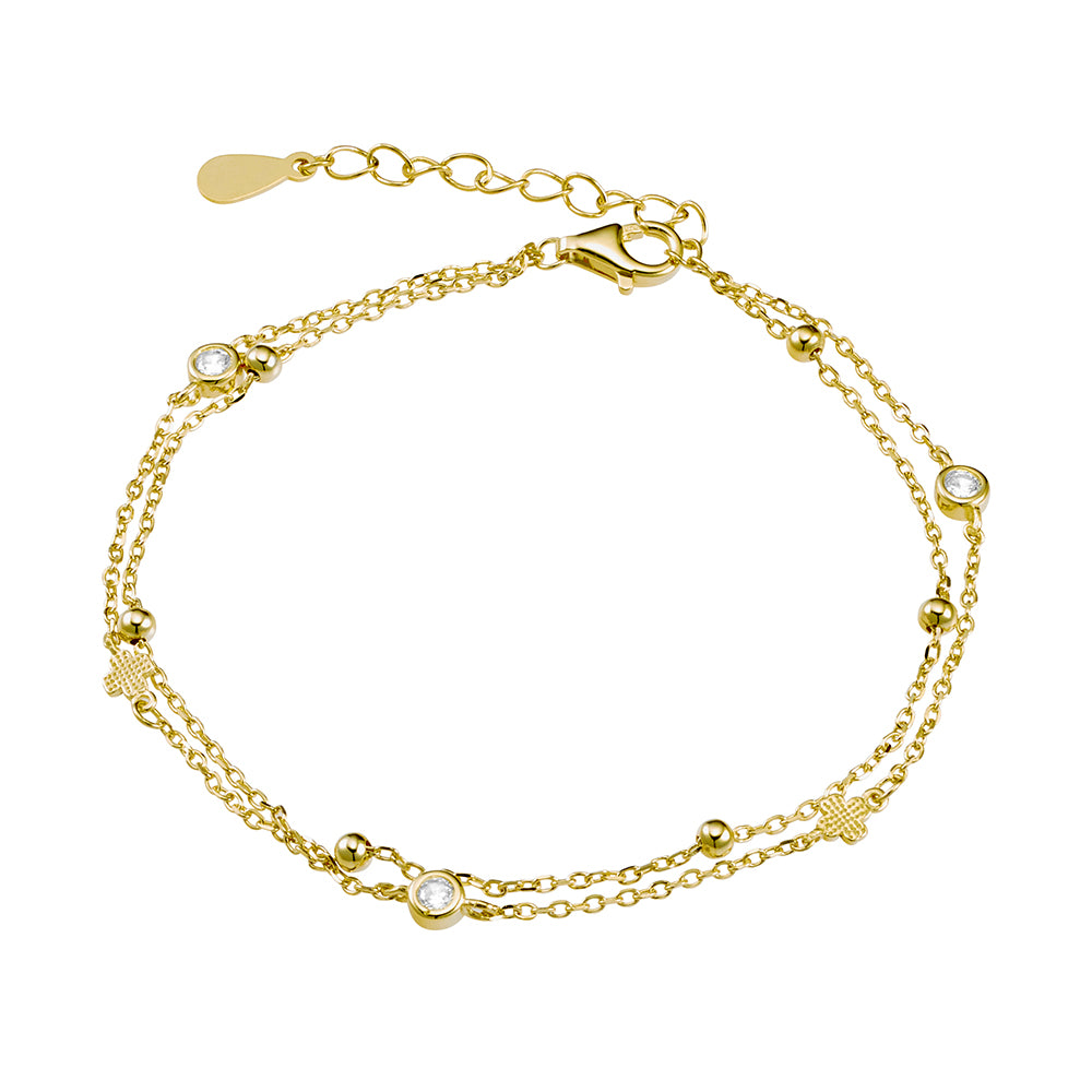 Gold Plated Sterling Silver Double Chain Bracelet With CZ, Ball And Cross Detail