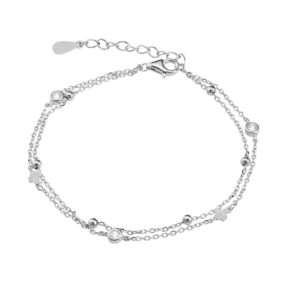 Sterling Silver Double Chain Bracelet With CZ, Ball And Cross Detail