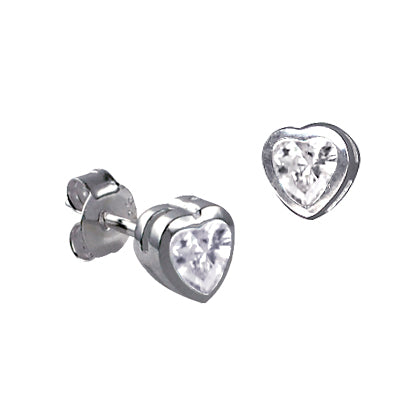 Sterling Silver Bezel Set Cubic Zirconia Heart Stud