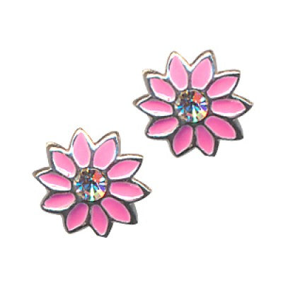 Sterling Silver Pink Enamel Flower Stud Earrings With Cubic Zirconia