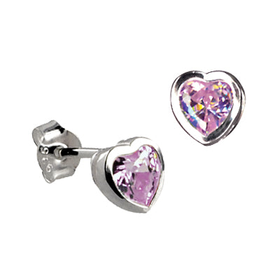 Sterling Silver Lavender Cubic Zirconia Bezel Set Heart Stud Earrings